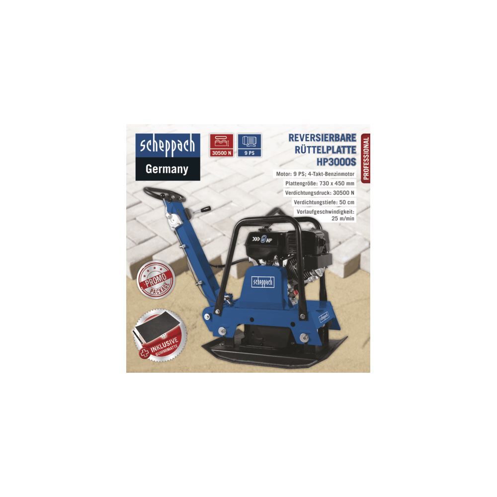Produktbild SCHEPPACH Rüttelplatte HP3000S inkl. Fahrvorrichtung und Gummiplatte 9PS bild 2