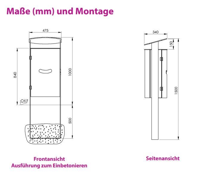 Produktbild Renner Stand Abfallbehälter 70L Ascher Hundekot Beutelspender RAL5013 zum Einbetonieren bild 2