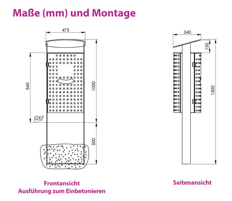 Produktbild Renner Stand Abfallbehälter 70L mit Hundekot Beutelspender RAL5013 zum Einbetonieren bild 3