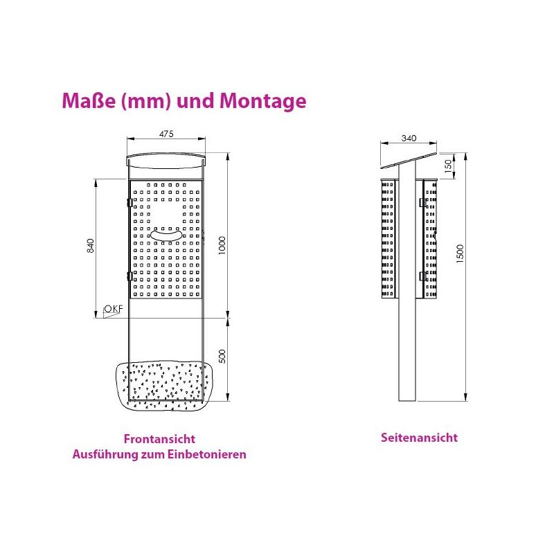 Produktbild Renner Stand Abfallbehälter 70L mit Hundekot Beutelspenderzum Einbetonieren bild 2