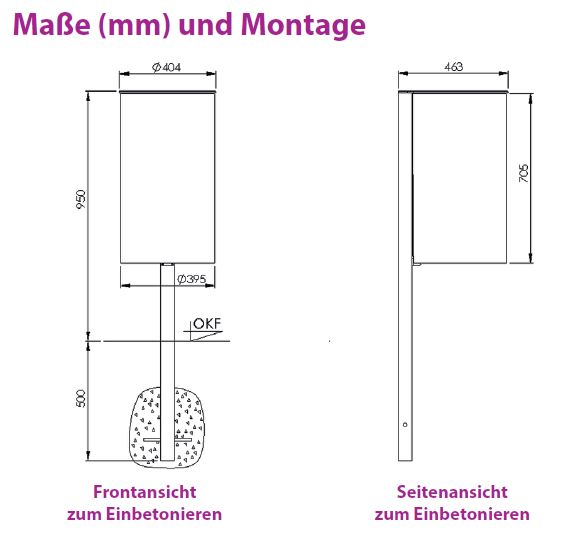 Produktbild Renner Stand Abfallbehälter 60L RAL5013 mit Pfosten zum Einbetonieren bild 2