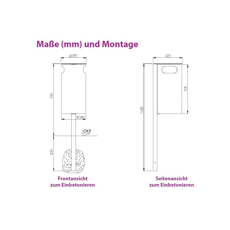 Produktbild Renner Stand Abfallbehälter 60L mit Ascher RAL6005 zum Einbetonieren bild 2