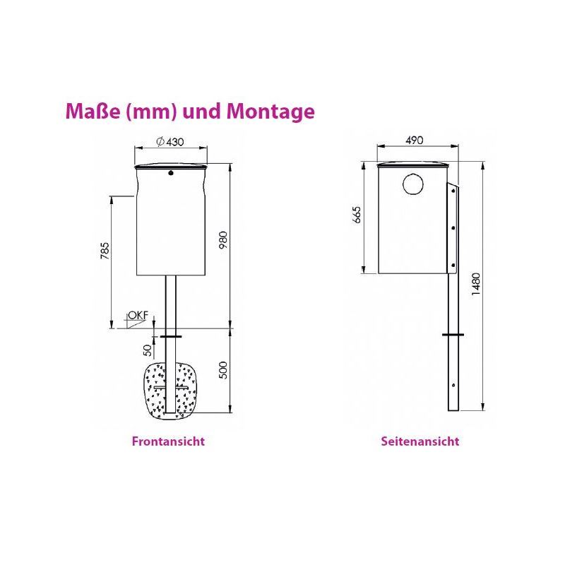 Produktbild Renner Stand Abfallbehälter feuerverzinkt 50L mit Q-Rohrpfosten zum Einbetonieren bild 2