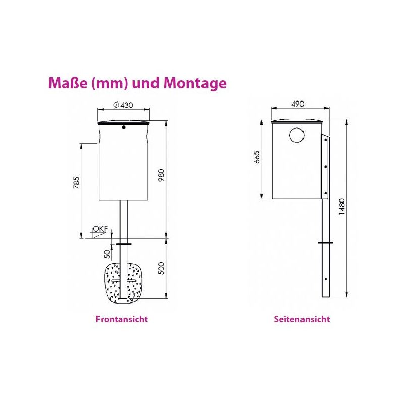 Produktbild Renner Stand Abfallbehälter 50L RAL6005 mit Q-Rohrpfosten zum Einbetonieren bild 2
