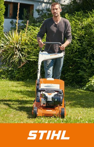Stihl Rasenmäher in Aktion mit Logo