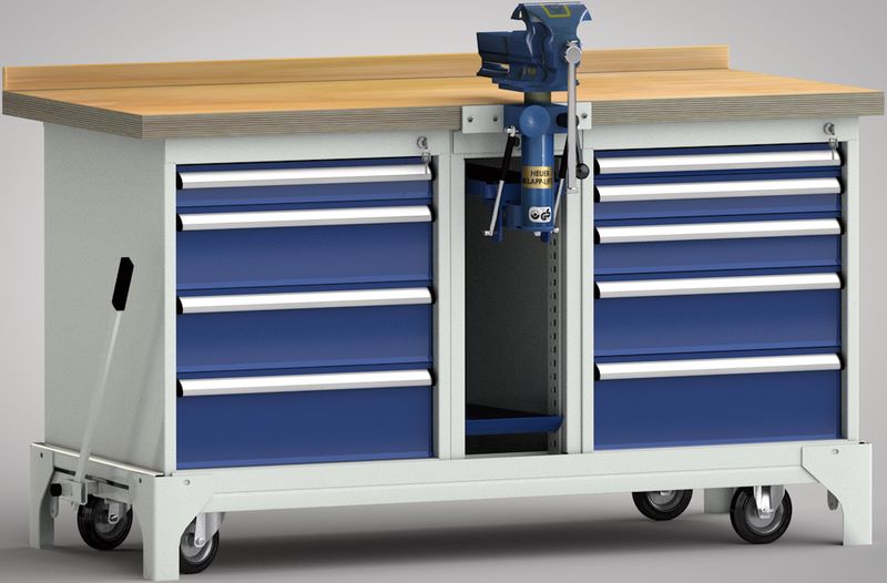 Produktbild KLW fahrbare Profi-Werkbank mittig Schraubstockschrank mit Schraubstock