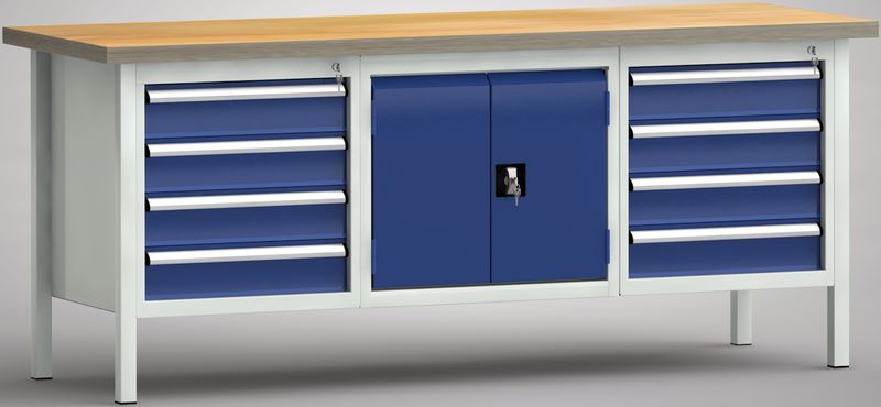 Produktbild KLW Kastenwerkbank 2000 x 700 x 840 mm 8 Schubladen mittig 2 Flügeltüren