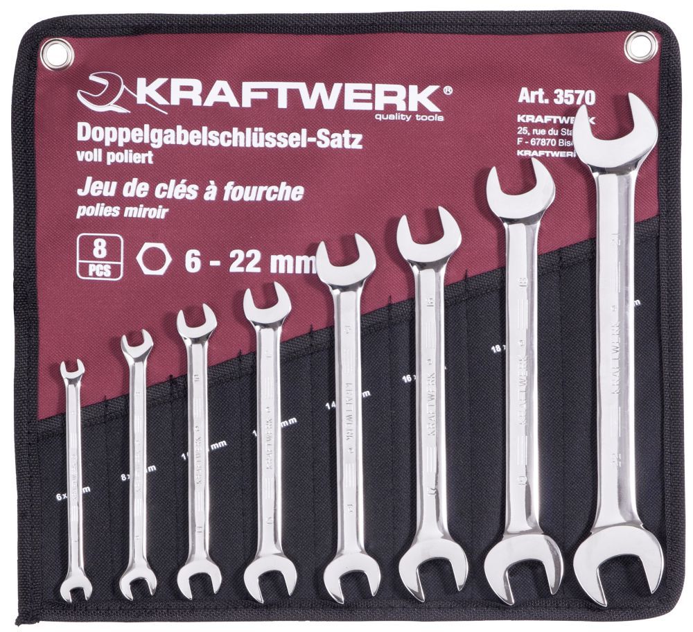 Produktbild Kraftwerk Doppelgabelschlüssel Satz 8 teilig voll poliert 6 bis 22 mm