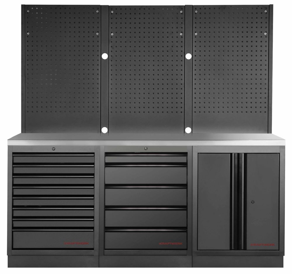 Produktbild Kraftwerk MOBILIO Black 3er Werkstattschrank mit Lochwand Platte Edelstahl 430