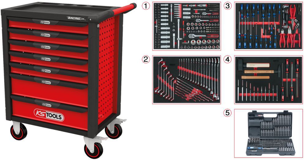 Produktbild KS TOOLS RACINGline SCHWARZ/ROT Werkstattwagen mit 7 Schubladen und 515 Premium Werkzeuge