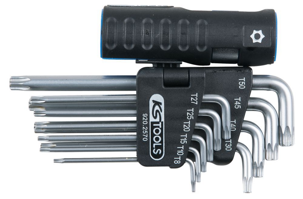 Produktbild KS Tools 3 in 1 Torx Winkelstiftschlüssel Satz mit Bohrung10 teilig lang