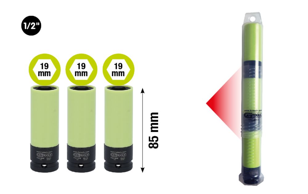 Produktbild KS Tools Alu Felgen Kraft Stecknuss lang 3 x 19 mm in Kunststoffrohr bild 2