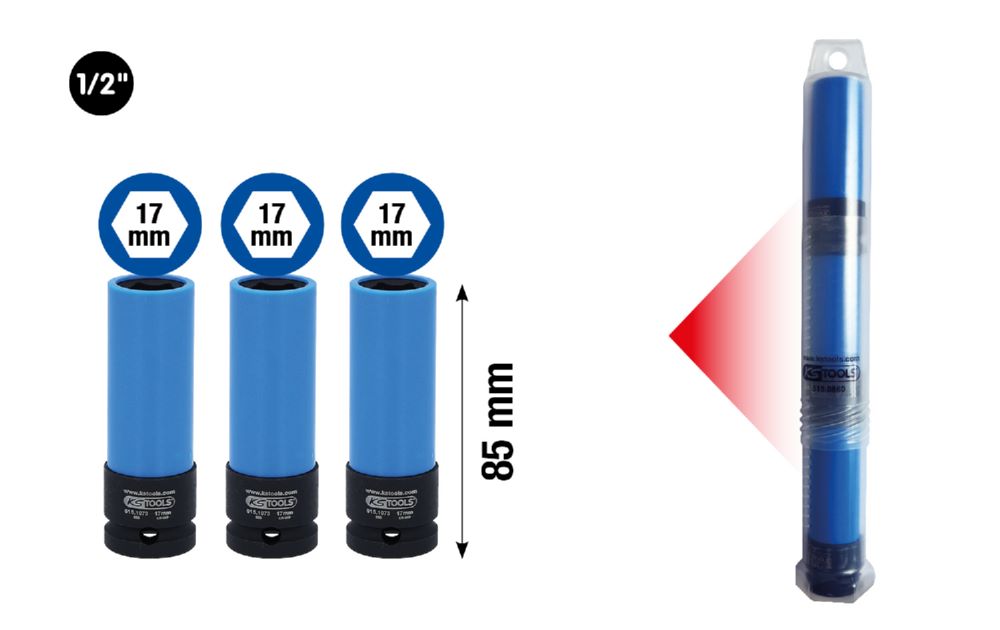 Produktbild KS Tools Alu Felgen Kraft Stecknuss lang 3 x 17 mm 515.1073 in Kunststoffrohr bild 2