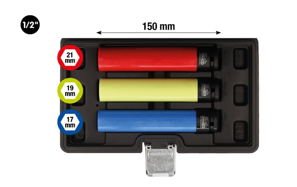 Produktbild KS Tools Alu Felgen Kraft Stecknuss Satz extra lang 3 Teile 1/2 Zoll 17 19 21 mm
