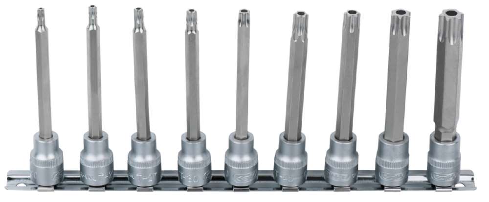 Produktbild KS Tools 3/8 Zoll Bit-Stecknuss-Satz lang 9 Teile TB20-TB60 mit Stirnlochbohrung