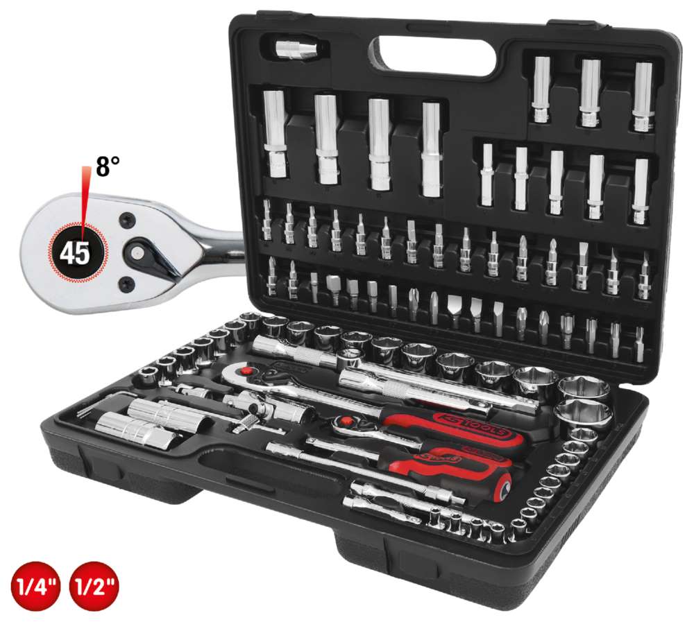 Produktbild KS Tools 1/4 Zoll + 1/2 Zoll CHROMEplus Steckschlüssel-Satz 96 Teile