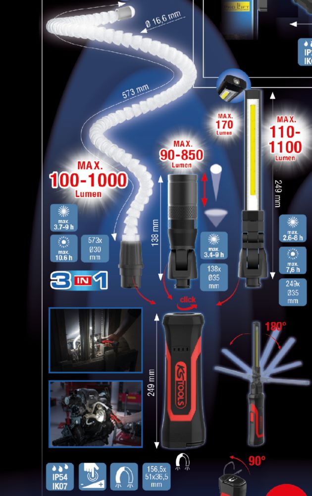 Produktbild KS Tools 3 in1 Quick Lock Arbeitsleuchten Set eQi Ultimate BEAM 4 teilig