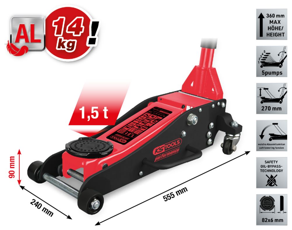 Produktbild KS Tools Hydraulischer Aluminium Wagenheber performance 1500 kg 90 bis 360 mm bild 2