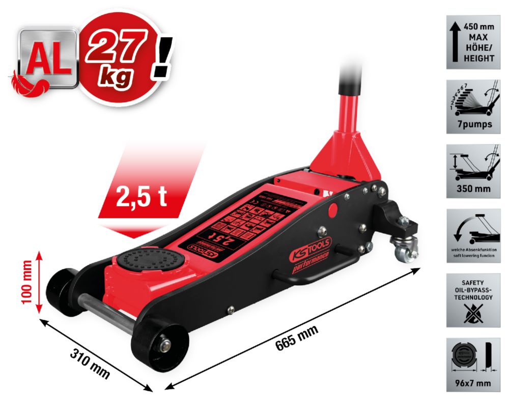 Produktbild KS Tools Hydraulischer Aluminium Wagenheber performance 2500 kg 100 bis 450 mm bild 2
