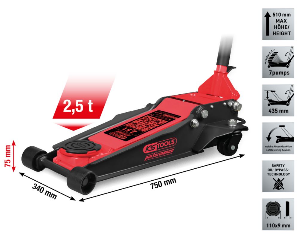 Produktbild KS Tools Hydraulischer Stahl Wagenheber performance 2500 kg flach 75 bis 510 mm bild 2