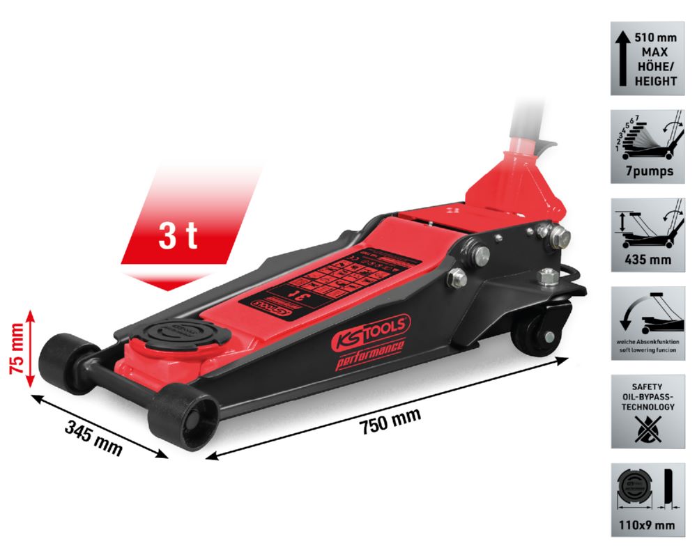 Produktbild KS Tools Hydraulischer Stahl Wagenheber 3000 kg flach 75 bis 510 mm bild 2