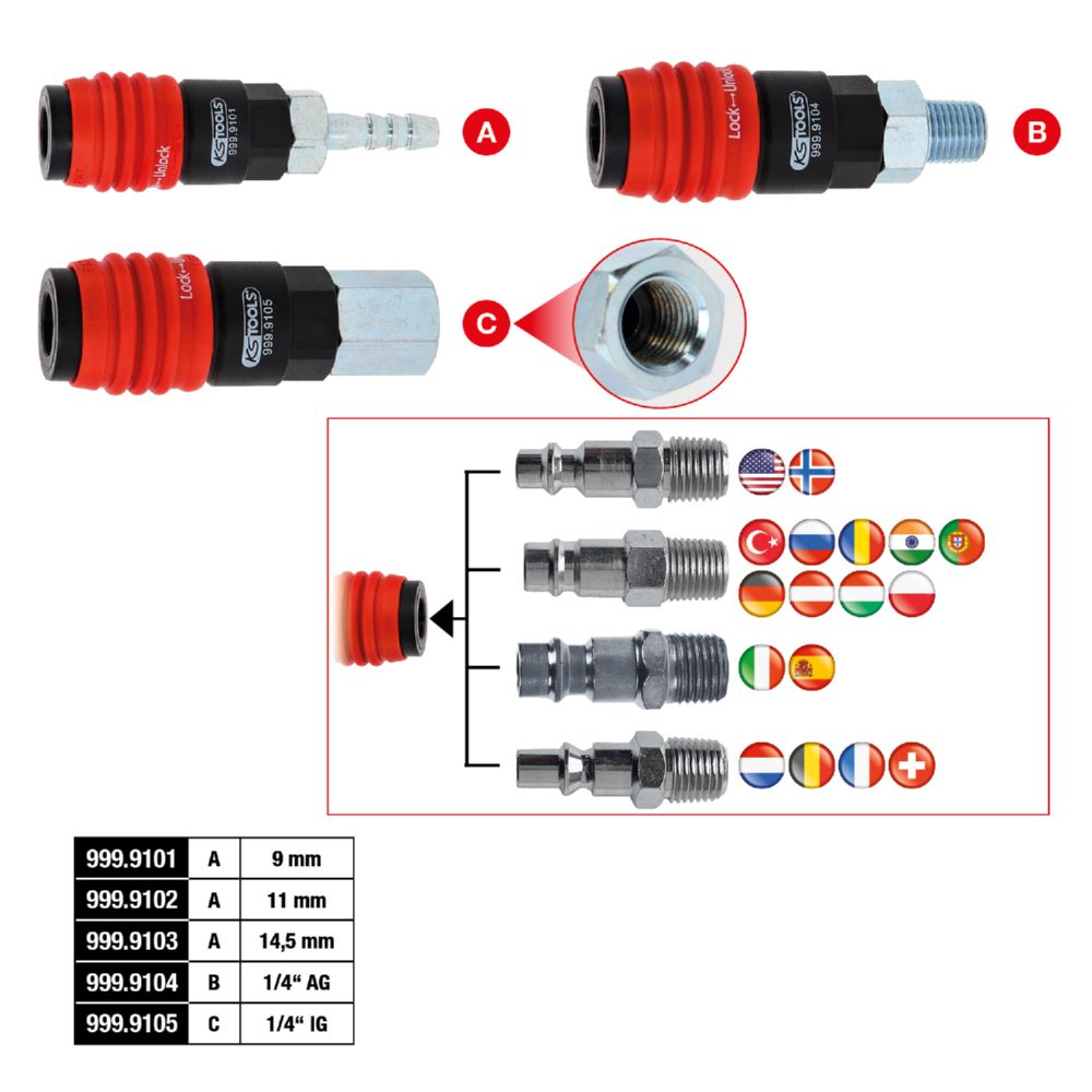 Produktbild KS Tools Universal Druckluft Sicherheitskupplung 9 mm mit Schlauchtülle bild 2