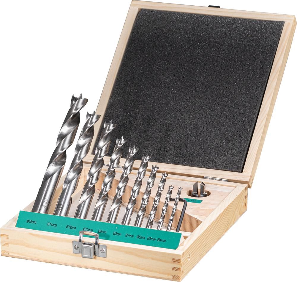 Produktbild Fortis Holzspiralbohrer Satz HSS 4 5 6 7 8 9 10 12 14 16 mm und 1 HW Versenker