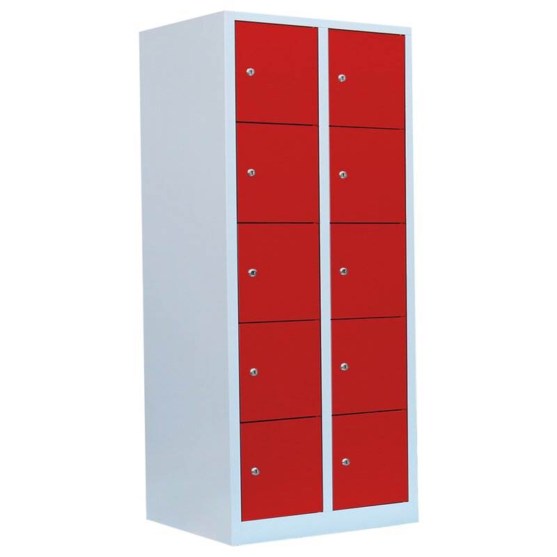 Produktbild Lüllmann Schließfachschrank 2 Abteile 10 Fächer 1800 x 800 x 500 mm lichtgrau feuerrot