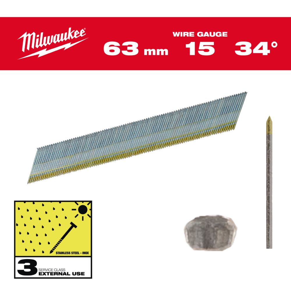 Produktbild Milwaukee Elektrowerkzeuge Stift Nägel D Kopf 15 Gauge für M18CN15GA x M18FN15GA 1,8 x 63 mm Edelsta