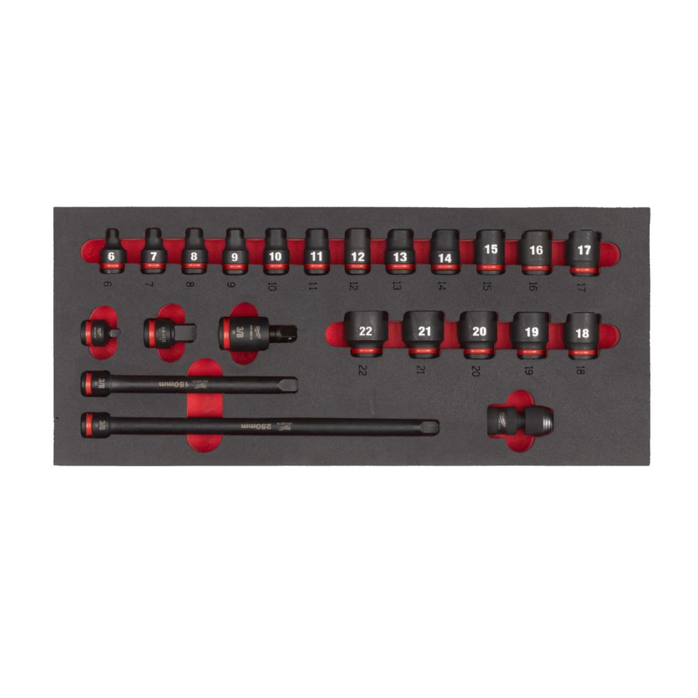 Produktbild Milwaukee Elektrowerkzeuge Schlagnüsse Einlage für Werkstattwagen 78 cm 3/8 Zoll SHOCKWAVE 23 teilig