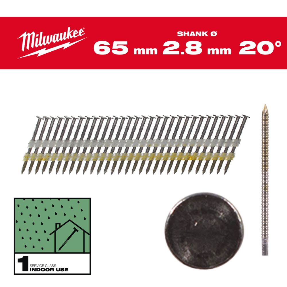 Produktbild Milwaukee Elektrowerkzeuge Ringschaft Stahl blank Rundkopf Nägel für M18FFN21 7,4 x 2,8 x 65 mm bild 1