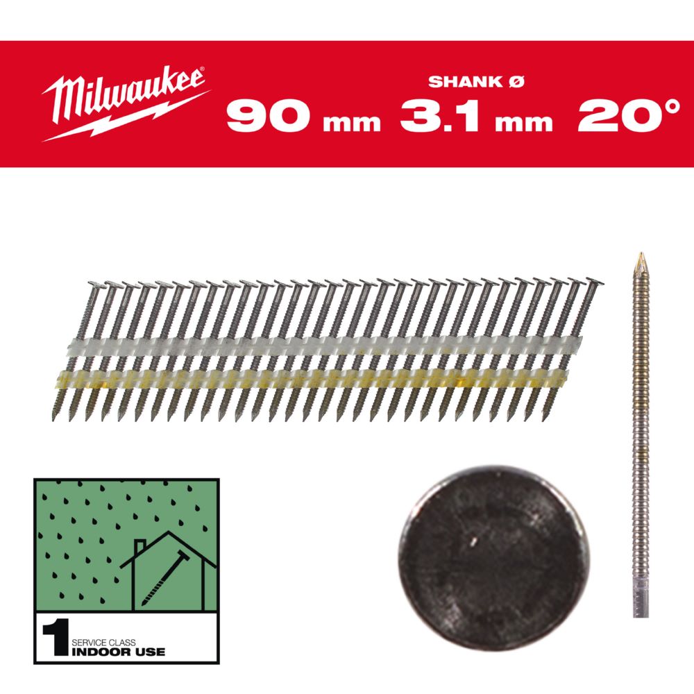 Produktbild Milwaukee Elektrowerkzeuge Ringschaft Stahl blank Rundkopf Nägel für M18FFN21 7,4 x 3,1 x 90 mm bild 1