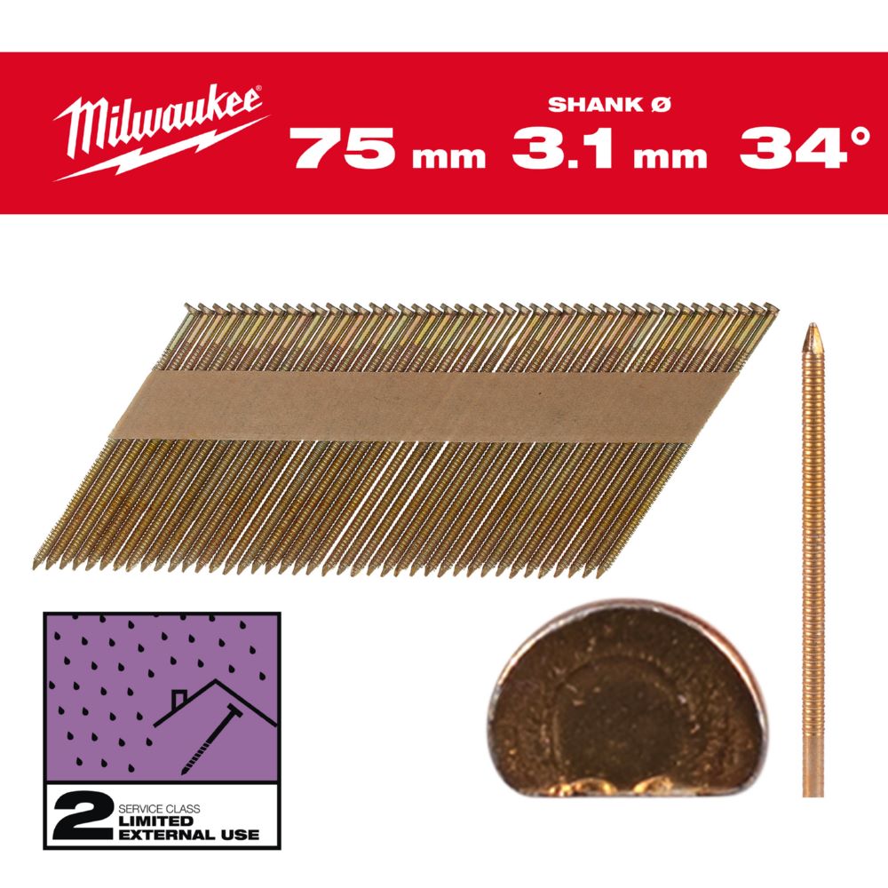 Produktbild Milwaukee Elektrowerkzeuge D Kopf Nägel für M18FFN 7,4 x 3,1 x 75 mm Ringschaft verzinkt 34 Grad bild 2