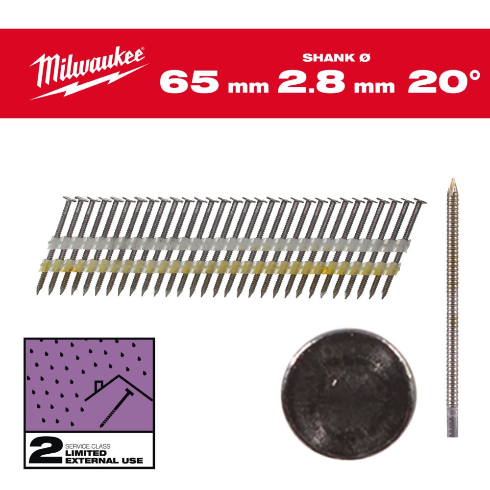 Produktbild Milwaukee Elektrowerkzeuge Ringschaft verzinkt Rundkopf Nägel für M18FFN21 7,4 x 2,8 x 65 mm bild 1