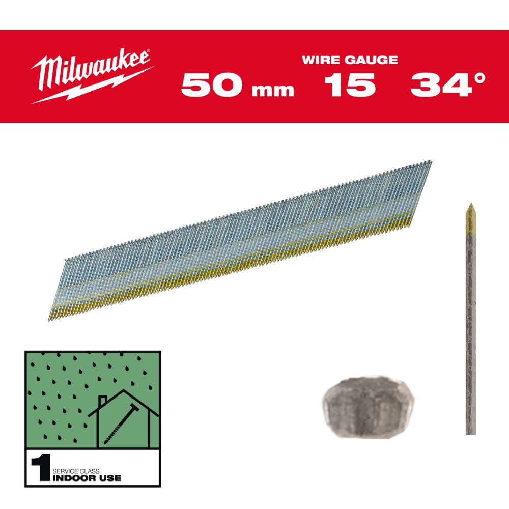 Produktbild Milwaukee Elektrowerkzeuge Stift Nägel D Kopf 15 Gauge für M18CN15GA & M18FN15GA 1,8 x 50 mm verzink