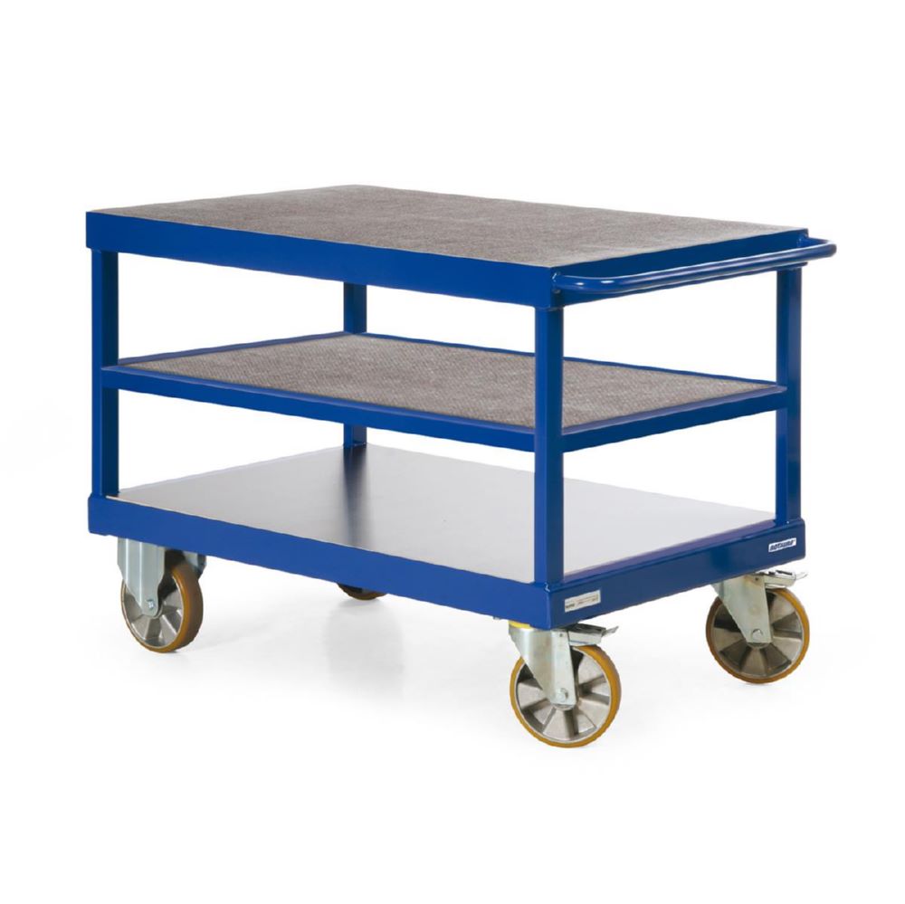 Produktbild Rotauro Schwerlast Tischwagen Serie R2200 3 Etagen Multiplexholz Polyurethan Bereifung bild 2