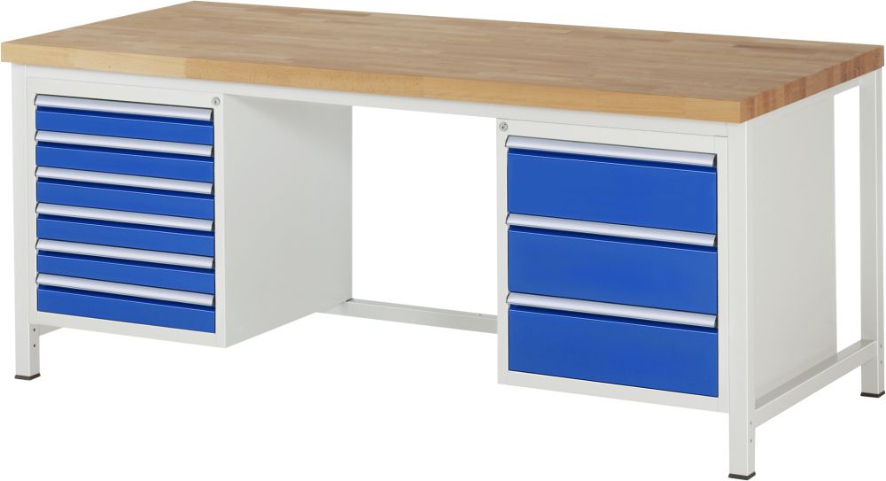 Produktbild RAU Werkbank Modell 8183 B2000 x T900 x H840 mm, Gestell RAL7035, Ausstatung RAL5010
