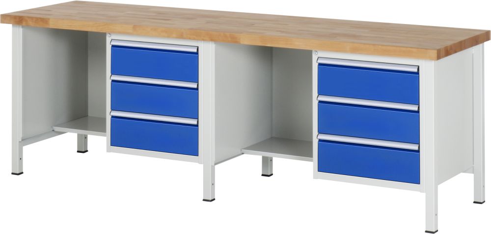 Produktbild RAU Werkbank Modell 8452 B2500 x T700 x H840 mm, Gestell RAL7035, Ausstatung RAL5010