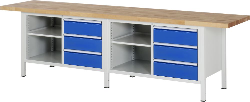 Produktbild RAU Werkbank Modell 8462 B3000 x T700 x H840 mm, Gestell RAL7035, Ausstatung RAL5010
