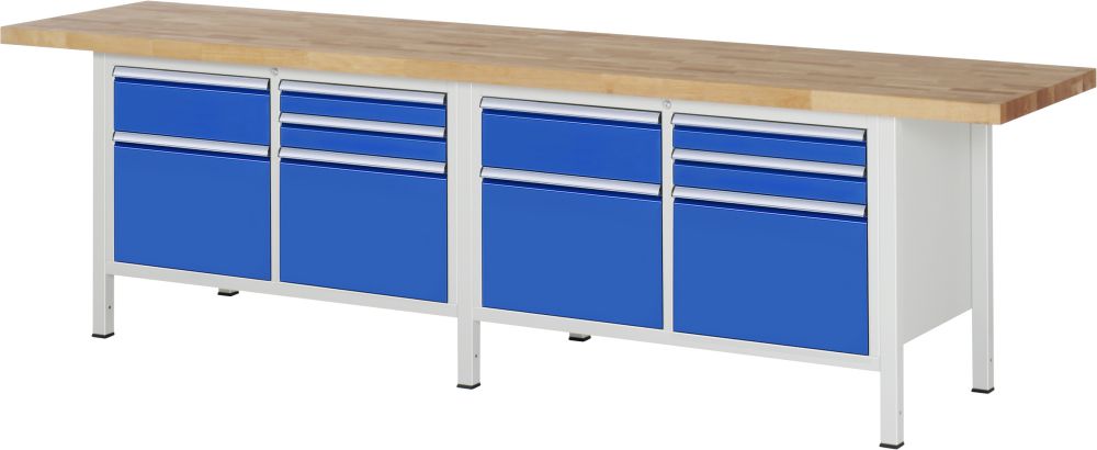 Produktbild RAU Werkbank 8000 Modell 8472 3000 mm Breite blaue Schubladen
