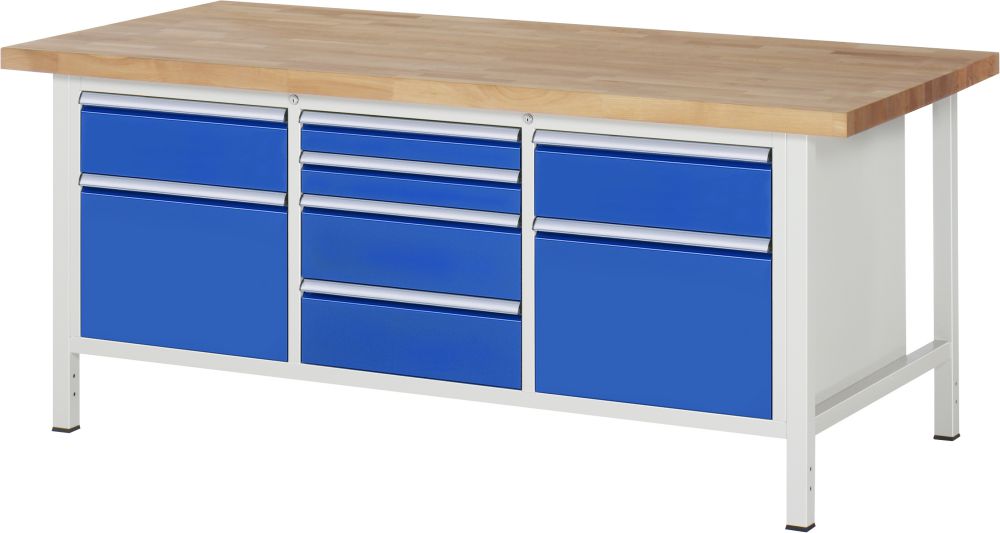 Produktbild RAU Werkbank Modell 8572 B2000 x T900 x H840 mm, Gestell RAL7035, Ausstatung RAL5010