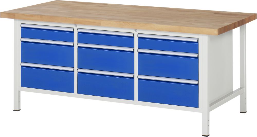 Produktbild RAU Werkbank Modell 8573 B2000 x T900 x H840 mm, Gestell RAL7035, Ausstatung RAL5010