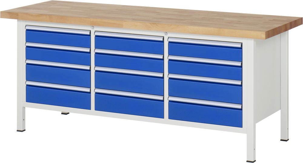 Produktbild RAU Werkbank Modell 8579 B2000 x T700 x H840 mm, Gestell RAL7035, Ausstatung RAL5010