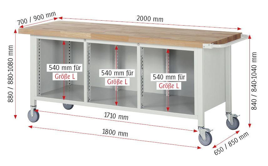 Produktbild Rau Werkbänke Fahrbare Werkbank 8573 2000 x 900 x 880 bis 1080 mm 9 Schubladen in blau bild 3