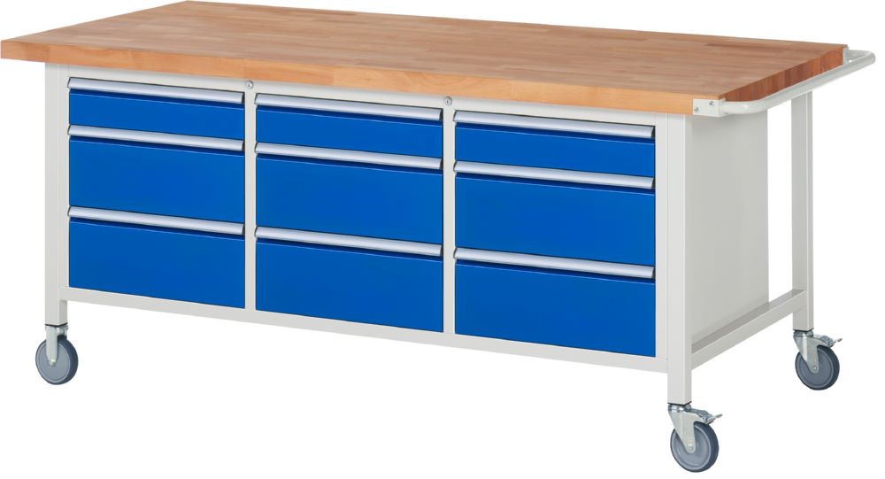 Produktbild Rau Werkbänke Fahrbare Werkbank 8573 2000 x 900 x 880 bis 1080 mm 9 Schubladen in blau