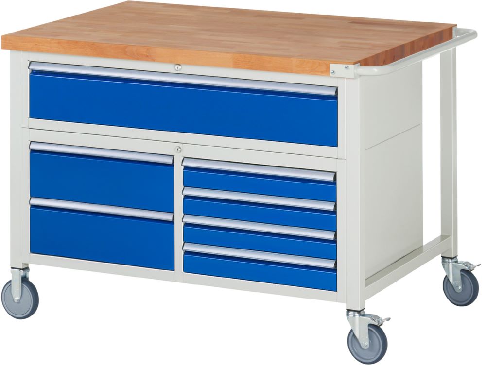 Produktbild Rau Werkbänke Fahrbare Werkbank 8921 1250 x 900 x 920 bis 1120 mm 7 Schubladen in blau