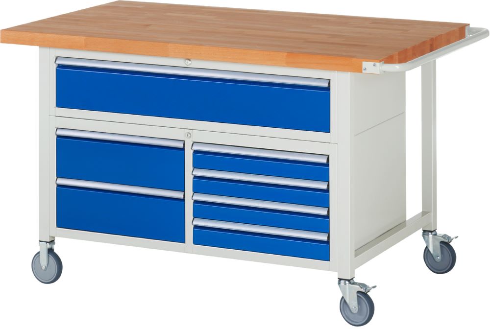 Produktbild Rau Werkbänke Fahrbare Werkbank 8921 1500 x 900 x 920 bis 1120 mm 7 Schubladen in blau