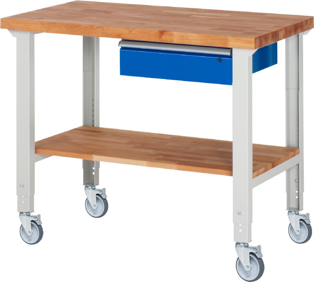 Produktbild Rau Werkbänke Fahrbare Werkbank 7001A7 1250 x 700 x 950-1000 mm mit 1 Schublade 4 Lenkrollen