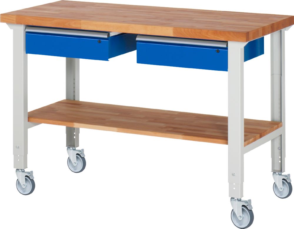 Produktbild Rau Werkbänke Fahrbare Werkbank 7002A7 1500 x 700 x 950-1000 mm mit 2 Schubladen 4 Lenkrollen