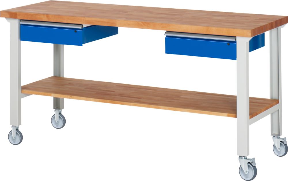 Produktbild Rau Werkbänke Fahrbare Werkbank 7002A7 2000 x 700 x 1000 mm mit 2 Schubladen RAL 7035/5010